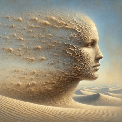 The primary subject of the image is a close-up of a woman's face, with a focus on her eyes. The setting is a desert-like environment, with sand and a rocky surface visible in the background. The visual style is a combination of digital art and illustration, creating a unique and intriguing image. The colors and mood of the image are predominantly earthy tones, with a sense of mystery and intensity.